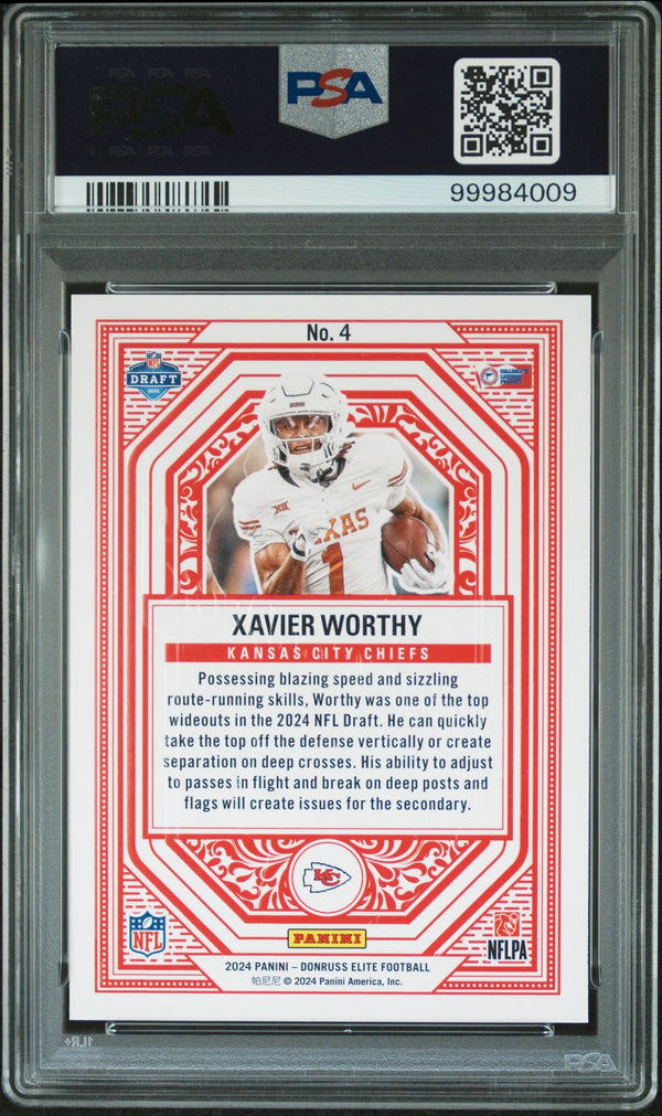 Graded 2024 Panini Donruss Elite Xavier Worthy #4 Rookie On Deck Rookie RC Football Card PSA 10 Gem Mint