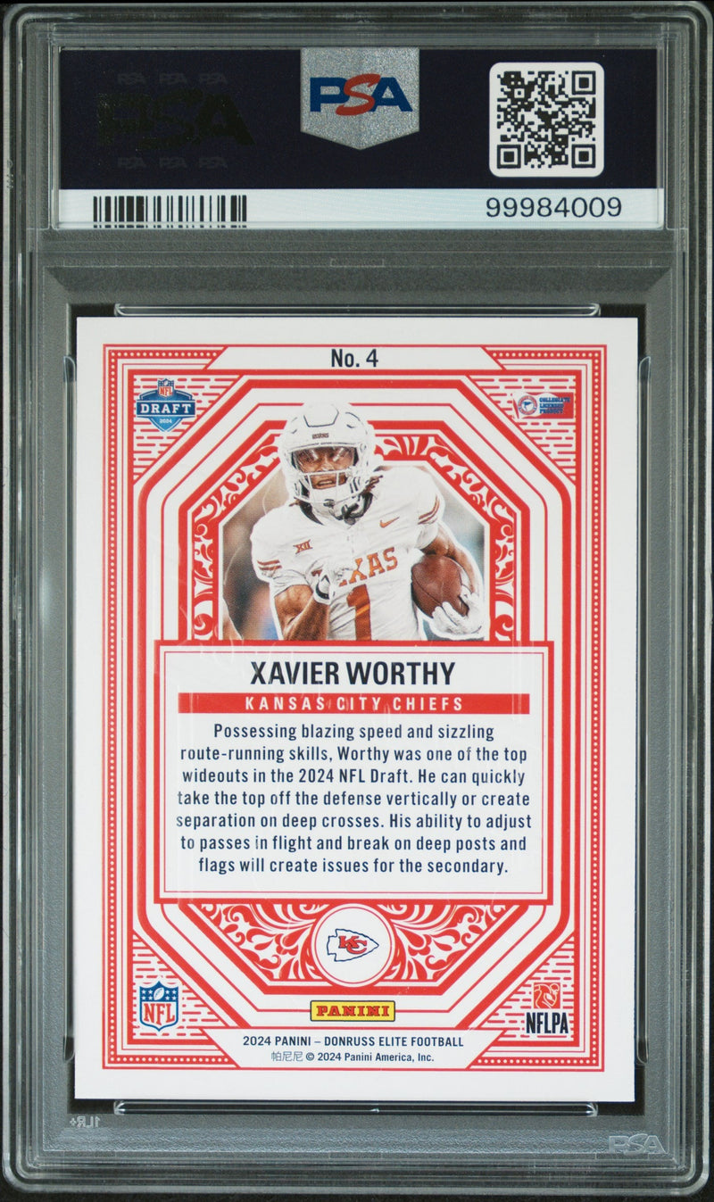 Graded 2024 Panini Donruss Elite Xavier Worthy #4 Rookie On Deck Rookie RC Football Card PSA 10 Gem Mint
