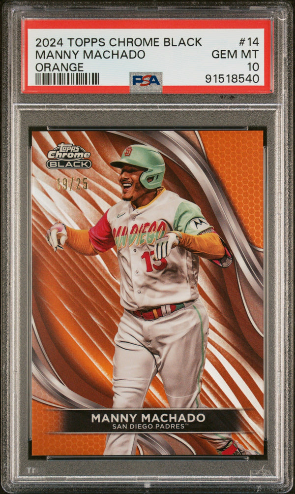 Graded 2024 Topps Chrome Black Manny Machado #14 Orange #/25 Baseball Card PSA 10 Gem Mint