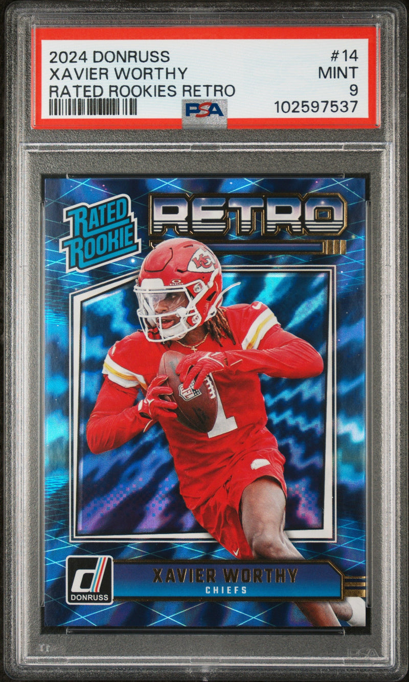 Graded 2024 Panini Donruss Xavier Worthy #14 Rated Rookies Retro Rookie RC Football Card PSA 9 Mint