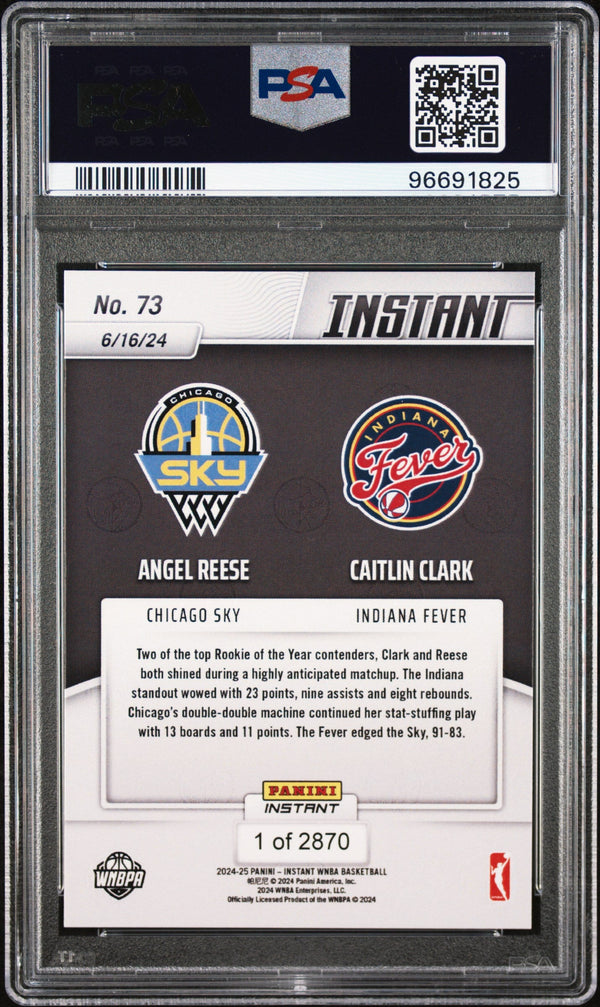 Graded 2024 Panini Instant WNBA Angel Reese/Caitlin Clark #73 Rookie RC Basketball Card PSA 10 Gem Mint