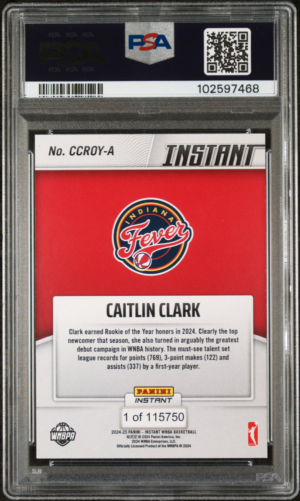 Graded 2024 Panini Instant WNBA Caitlin Clark #A Rookie of the Year Rookie RC Basketball Card PSA 10 Gem Mint