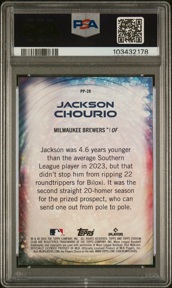Graded 2024 Topps Stadium Club Jackson Chourio #PP28 Power Packed Rookie RC Baseball Card PSA 10 Gem Mint