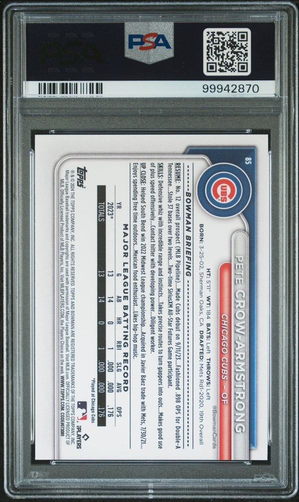 Graded 2024 Topps Bowman Pete Crow Armstrong #85 Rookie RC Baseball Card PSA 10 Gem Mint