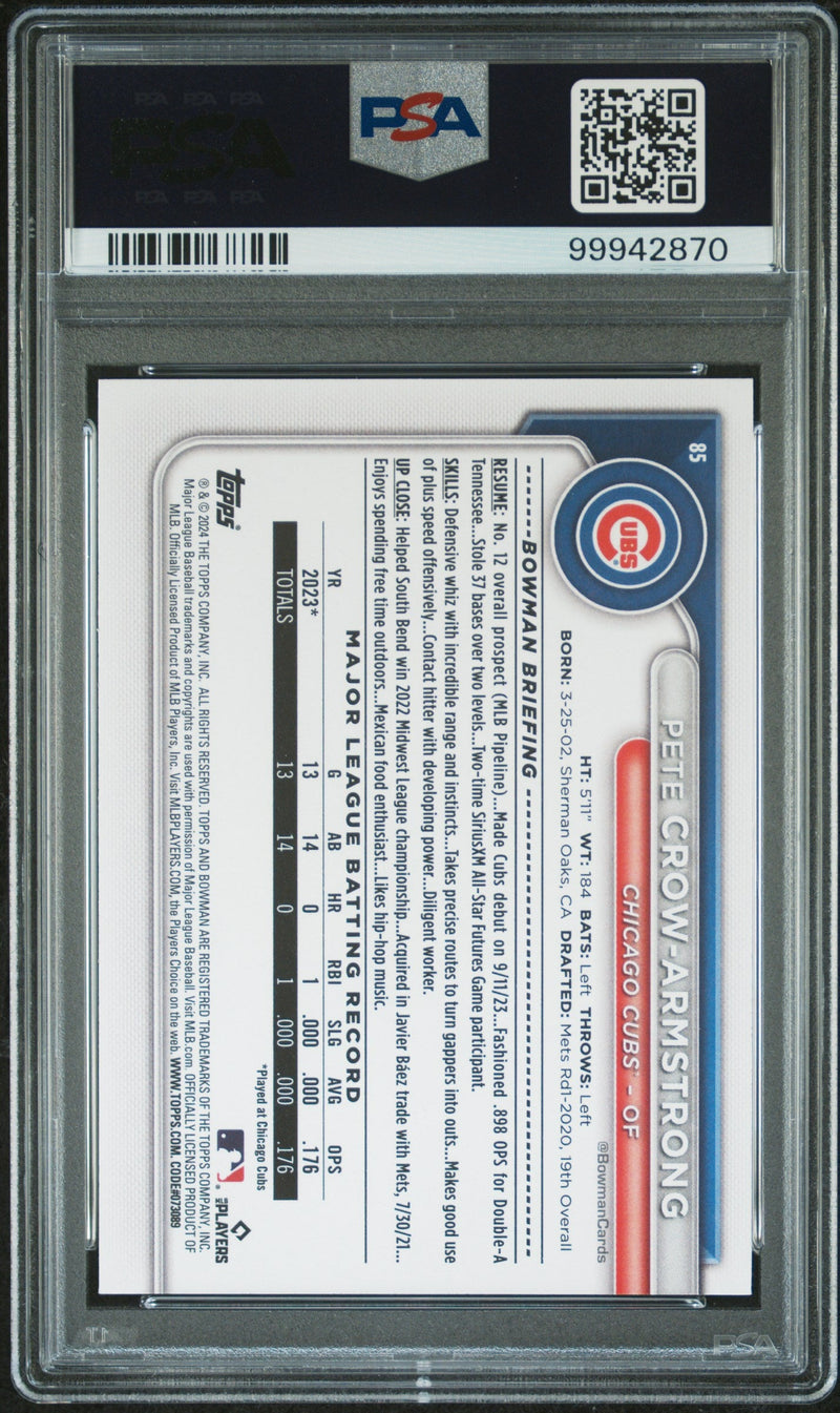 Graded 2024 Topps Bowman Pete Crow Armstrong #85 Rookie RC Baseball Card PSA 10 Gem Mint