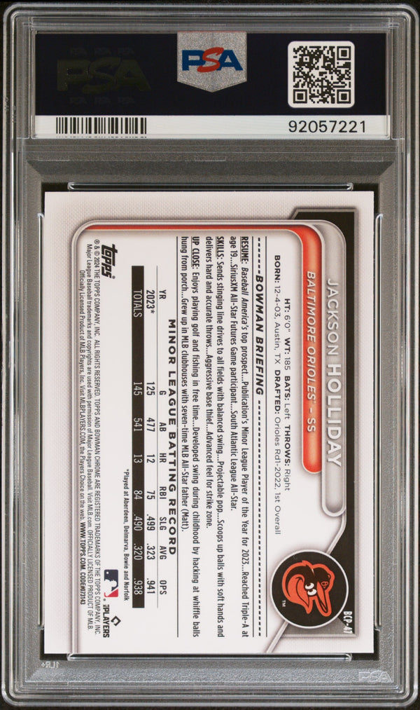 Graded 2024 Topps Bowman Jackson Holliday #BCP47 Chrome Prospects Lunar Glow Rookie RC Baseball Card PSA 10 Gem Mint