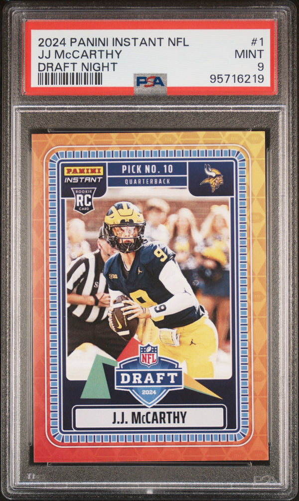 Graded 2024 Panini Instant NFL JJ McCarthy #1 Draft Night Rookie RC Football Card PSA 9 Mint