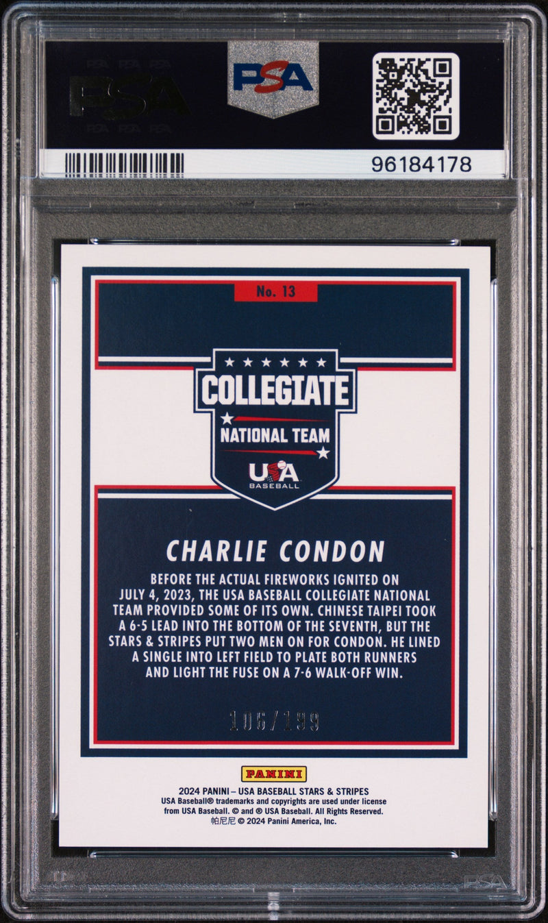 Graded 2024 Panini Stars & Stripes USA Charlie Condon #13 #/199 Rookie RC Baseball Card PSA 10 Gem Mint