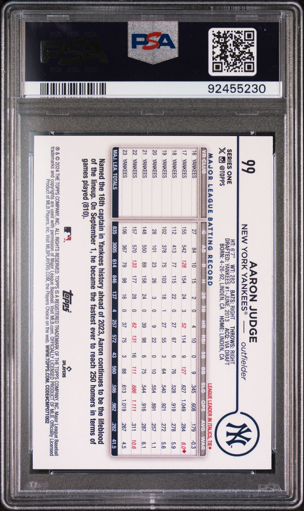 Graded 2024 Topps Aaron Judge #99 Silver Crackle Foil Board Baseball Card PSA 10 Gem Mint