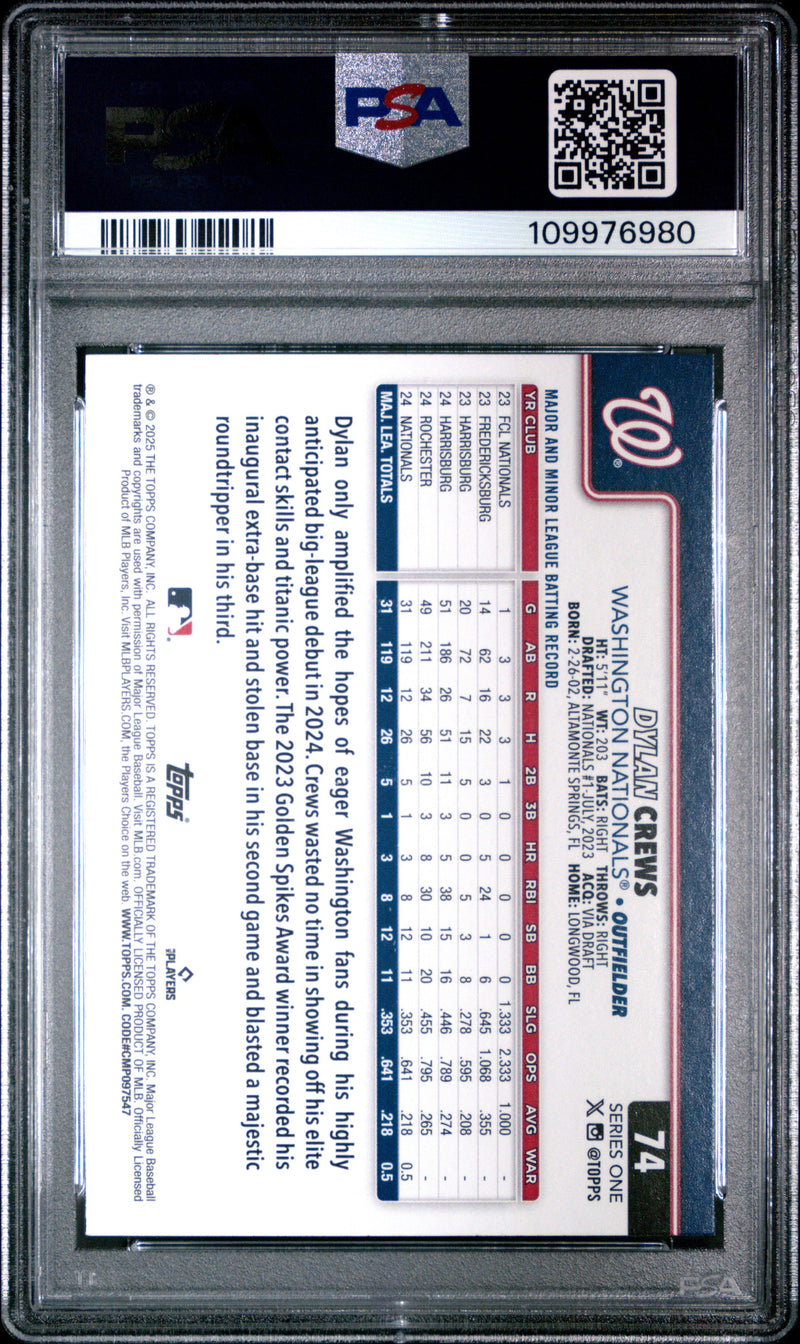 Graded 2025 Topps Dylan Crews #74 Rookie RC Baseball Card PSA 9 Mint