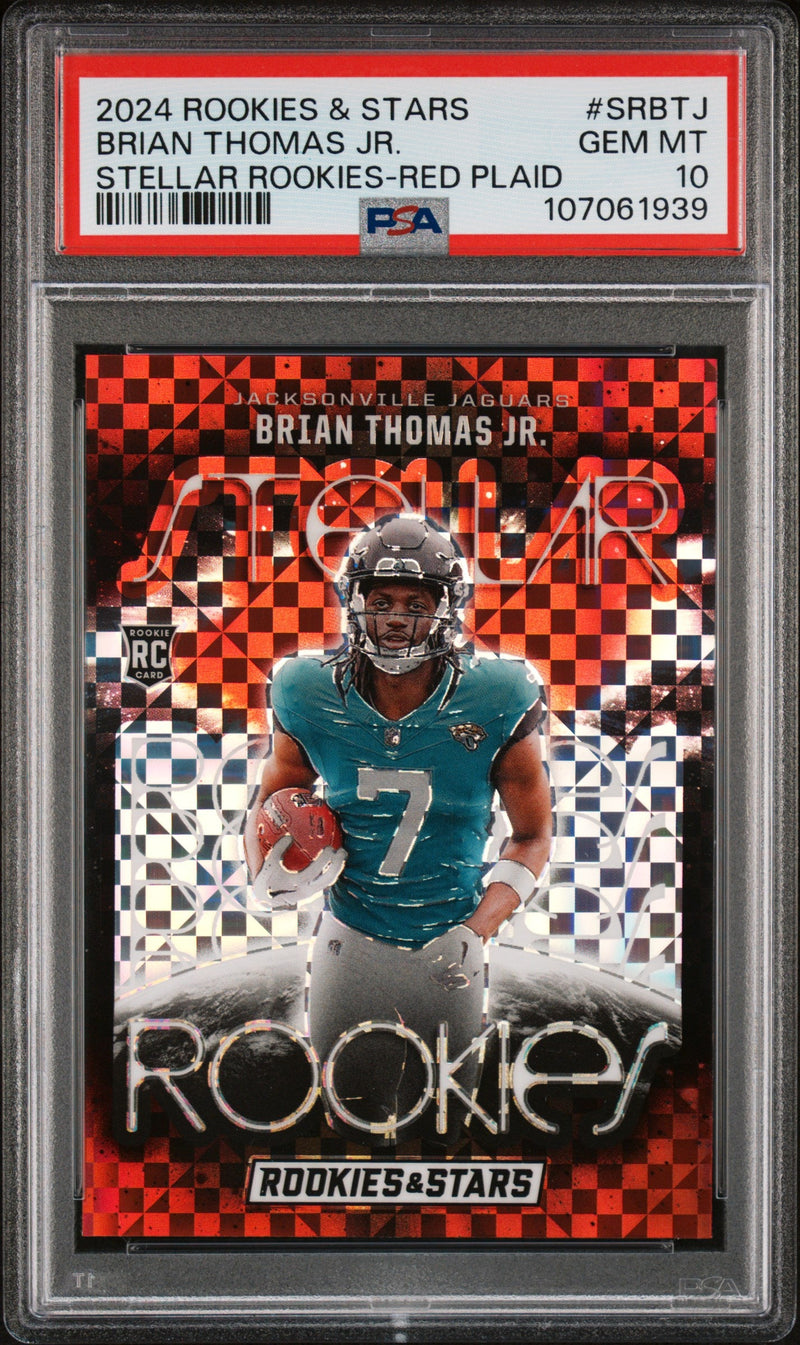 Graded 2024 Panini Rookies & Stars Brian Thomas Jr #SRBTJ Stellar Rookies Red Plaid Rookie RC Football Card PSA 10 Gem Mint
