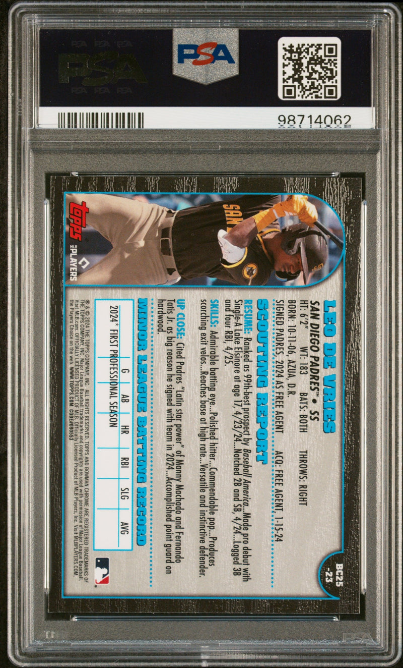 Graded 2024 Topps Bowman Chrome Leo De Vries #23 1999 25th Anniversary Rookie RC Baseball Card PSA 10 Gem Mint