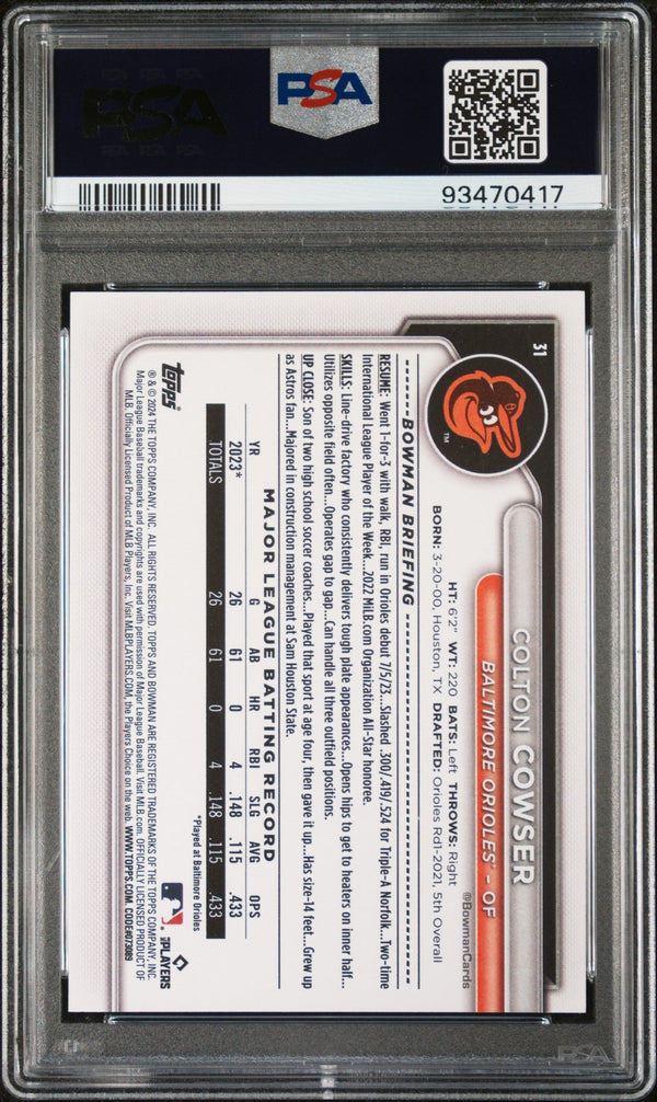 Graded 2024 Topps Bowman Colton Cowser #31 Rookie RC Baseball Card PSA 10 Gem Mint