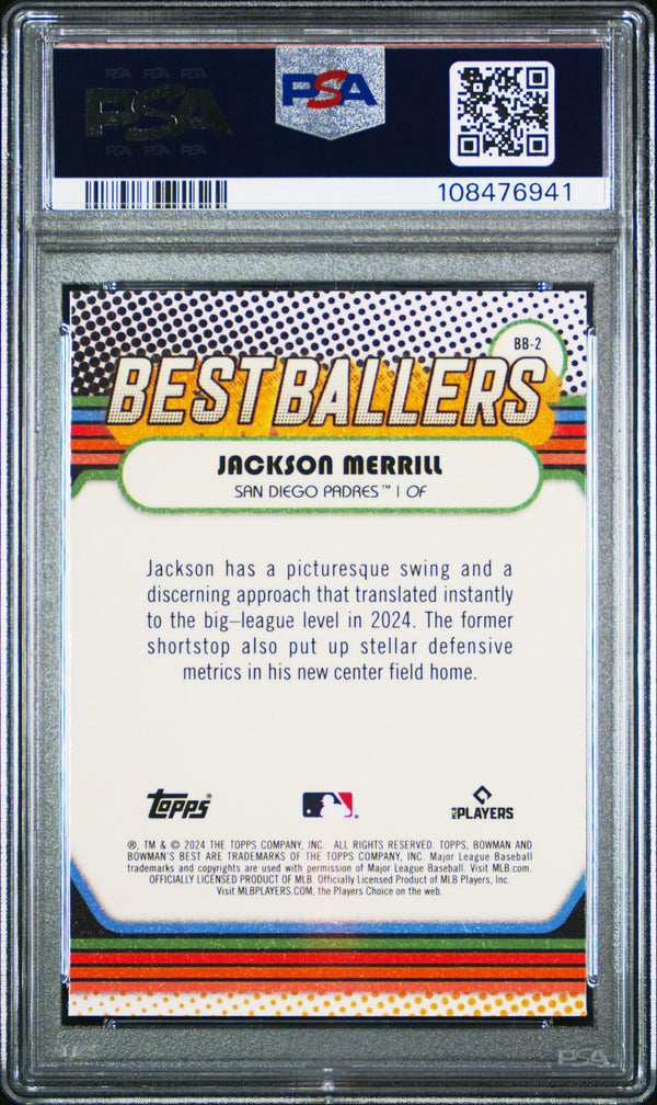 Graded 2024 Topps Bowmans Best Jackson Merrill #BB2 Best Ballers Mini Diamond Rookie RC Baseball Card PSA 10 Gem Mint