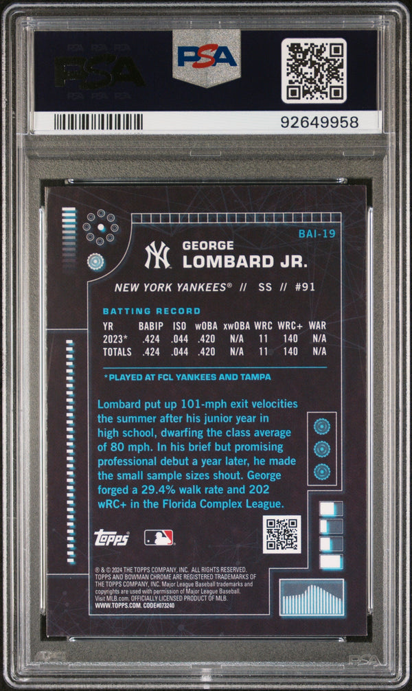 Graded 2024 Topps Bowman George Lombard Jr #BAI19 AI Rookie RC Baseball Card PSA 10 Gem Mint