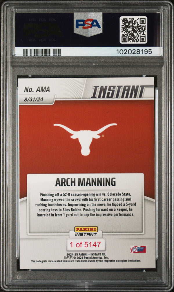 Graded 2024 Panini Instant NIL Arch Manning #AMA First Career Touchdown Pass Rookie RC Football Card PSA 9 Mint