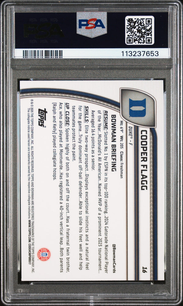 Graded 2024 Topps Bowman Chrome U Cooper Flagg #16 Rookie RC Basketball Card PSA 10 Gem Mint
