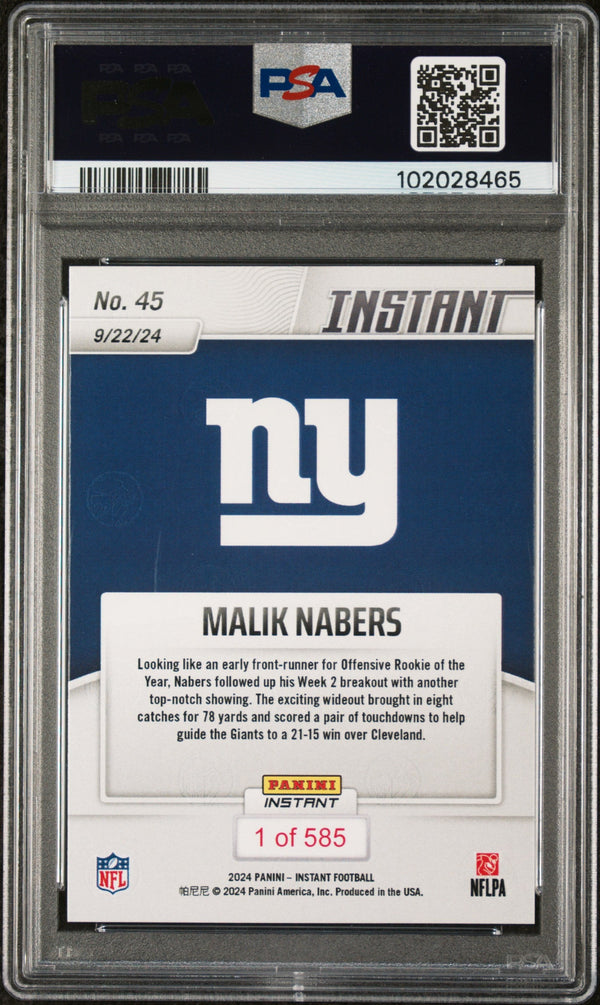 Graded 2024 Panini Instant NFL Malik Nabers #45 Rookie RC Football Card PSA 9 Mint