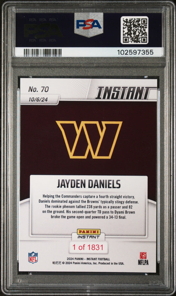 Graded 2024 Panini Instant NFL Jayden Daniels #70 Rookie RC Football Card PSA 8 Near Mint