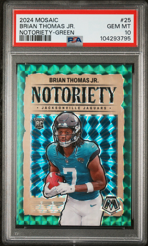 Graded 2024 Panini Mosaic Brian Thomas Jr #25 Notoriety Green Rookie RC Football Card PSA 10 Gem Mint