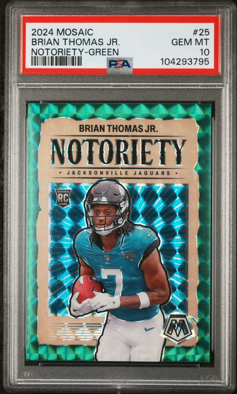 Graded 2024 Panini Mosaic Brian Thomas Jr #25 Notoriety Green Rookie RC Football Card PSA 10 Gem Mint