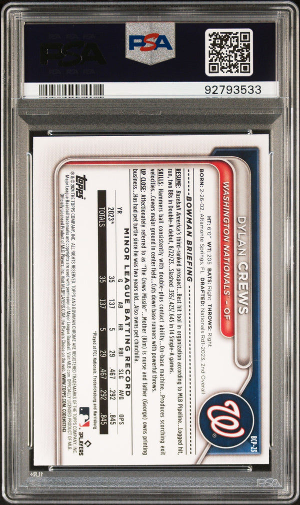 Graded 2024 Topps Bowman Dylan Crews #BCP23 Chrome Prospects Rookie RC Baseball Card PSA 10 Gem Mint