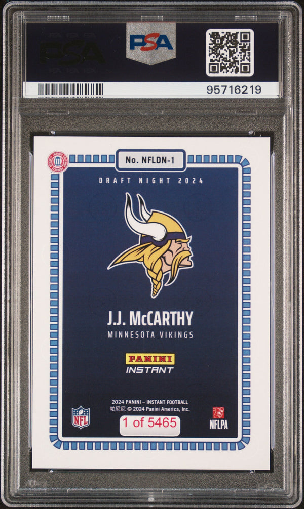 Graded 2024 Panini Instant NFL JJ McCarthy #1 Draft Night Rookie RC Football Card PSA 9 Mint