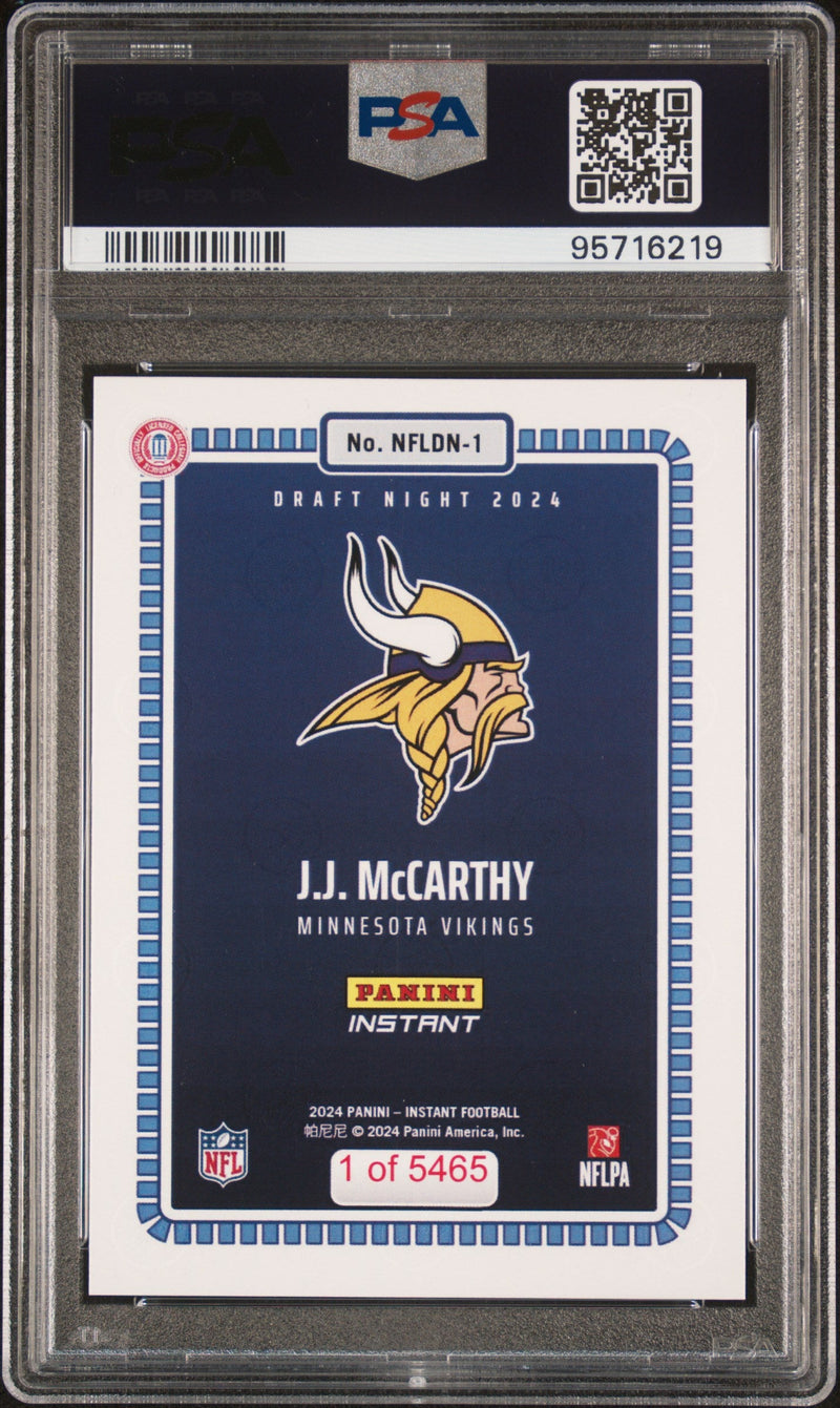 Graded 2024 Panini Instant NFL JJ McCarthy #1 Draft Night Rookie RC Football Card PSA 9 Mint