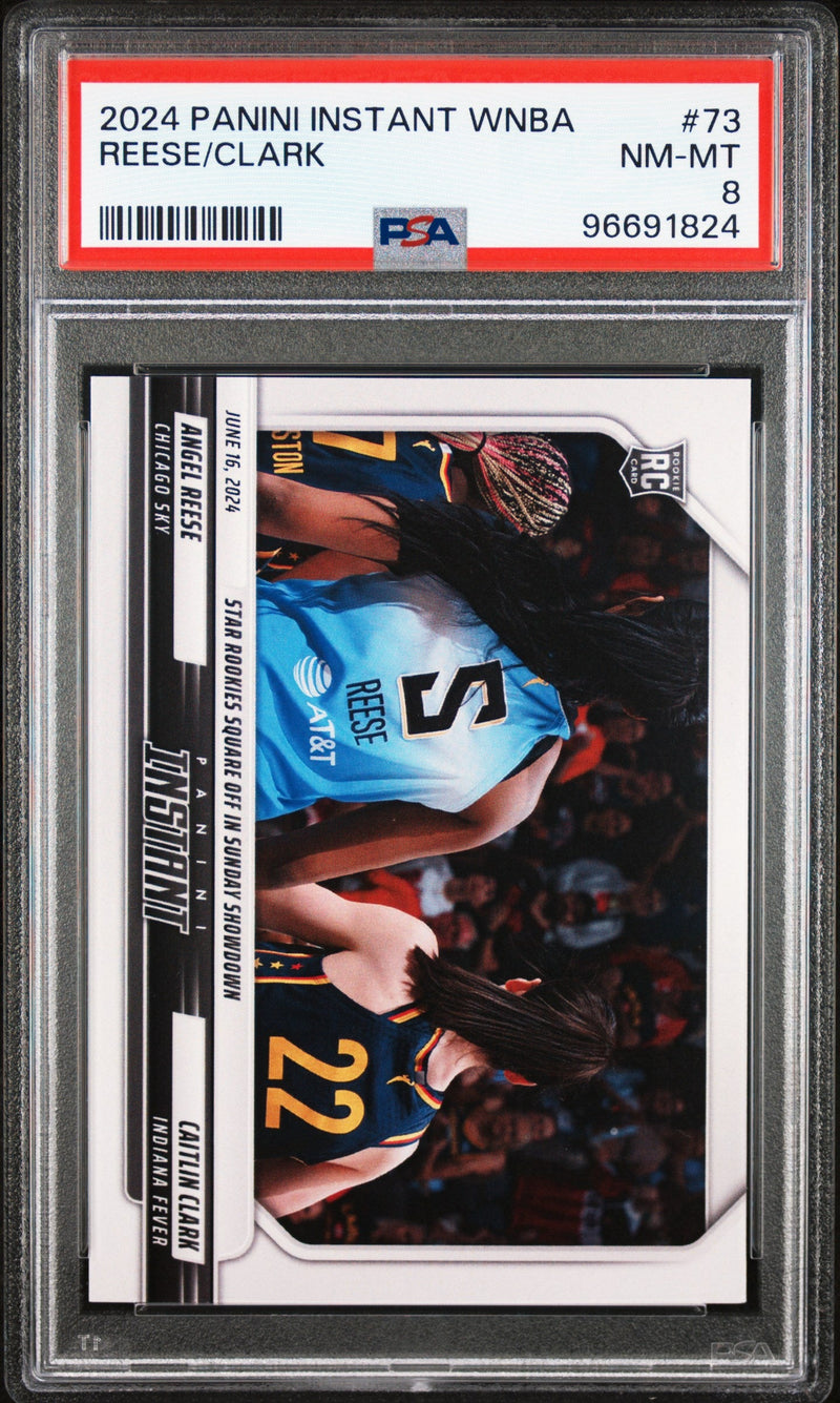 Graded 2024 Panini Instant WNBA Angel Reese/Caitlin Clark #73 Rookie RC Basketball Card PSA 8 Near Mint