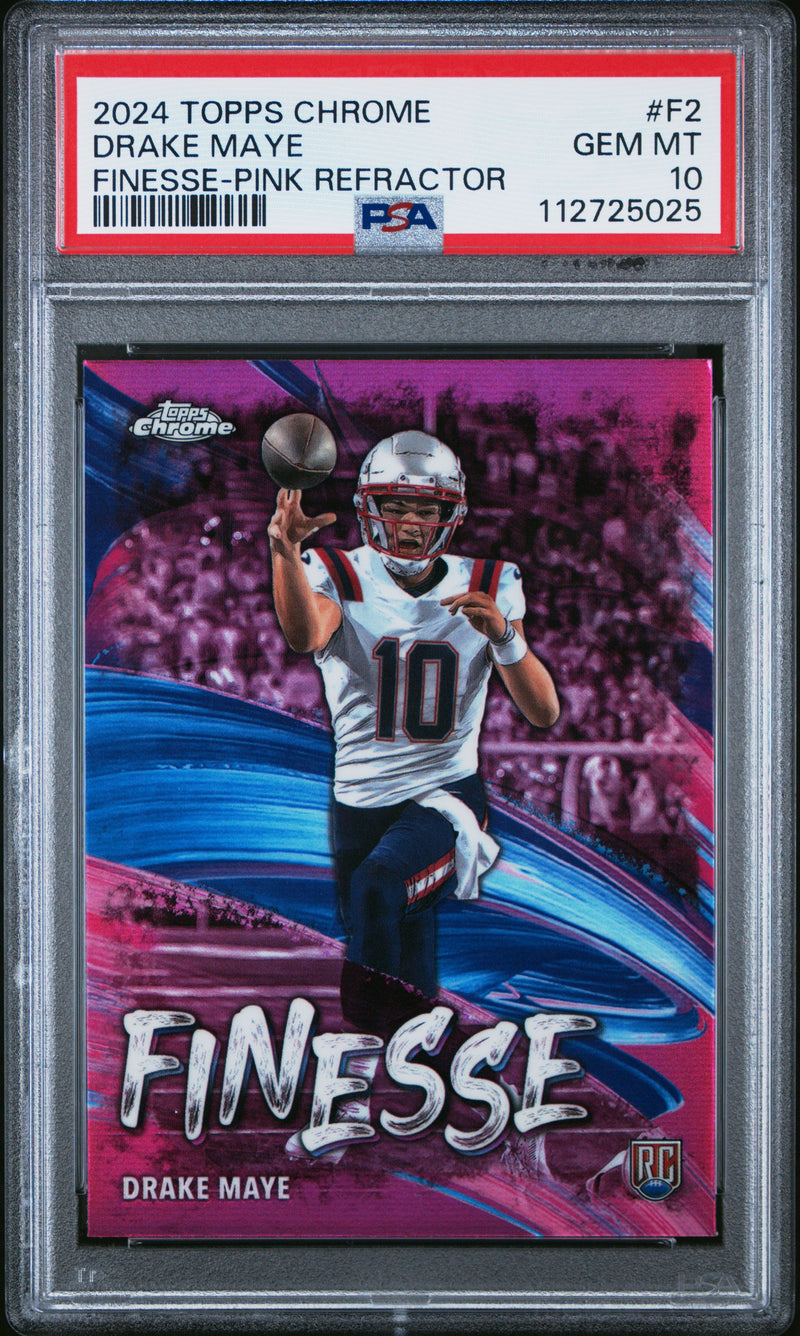 Graded 2024 Topps Chrome Drake Maye #F2 Finesse Pink Refractor Rookie RC Football Card PSA 10 Gem Mint