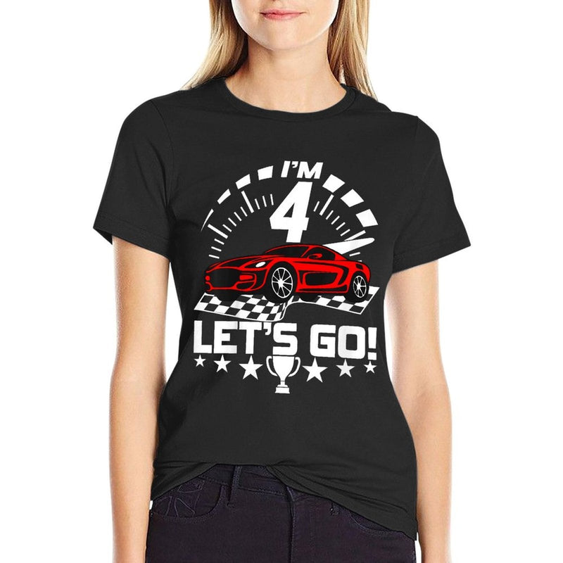 Kids 4 Year Old Race Car 4th Birthday Racing Racecar Boys Girls  Oversized Silhouette T-Shirt