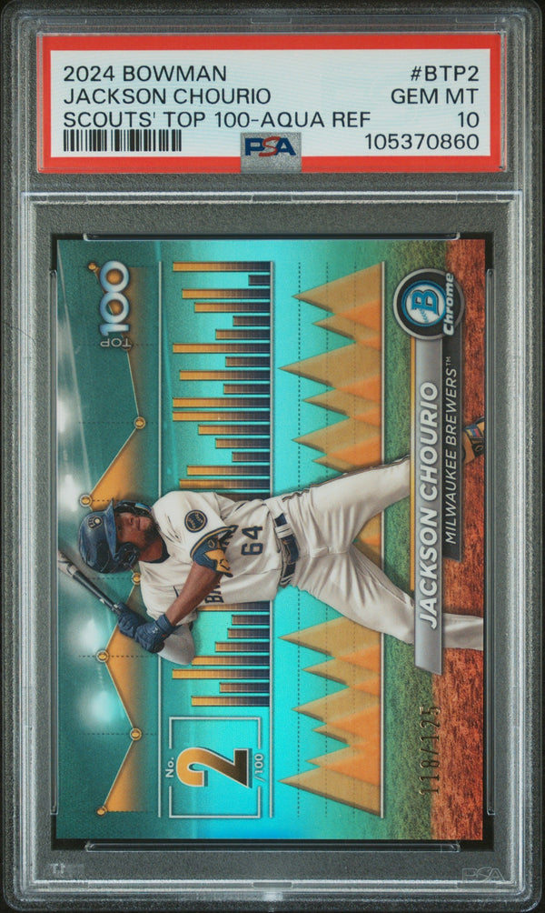 Graded 2024 Topps Bowman Jackson Chourio #BTP2 Scouts Top 100 Aqua Refractor #/125 Rookie RC Baseball Card PSA 10 Gem Mint