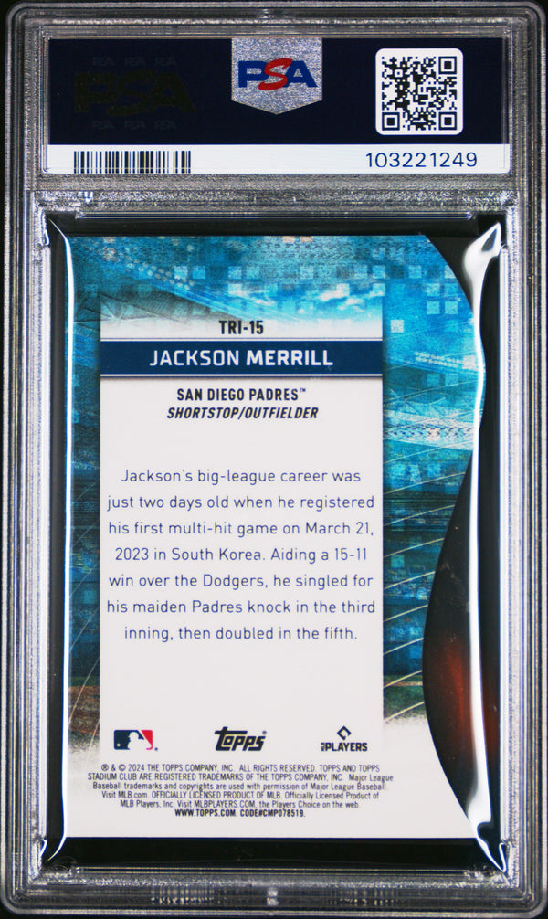 Graded 2024 Topps Stadium Club Jackson Merrill #TRI15 Triumvirates Rookie RC Baseball Card PSA 10 Gem Mint