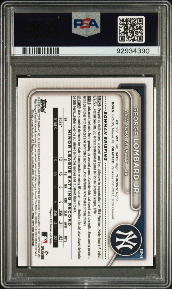 Graded 2024 Topps Bowman George Lombard Jr #BCP79 Chrome Prospects Mini Diamond Rookie RC Baseball Card PSA 10 Gem Mint