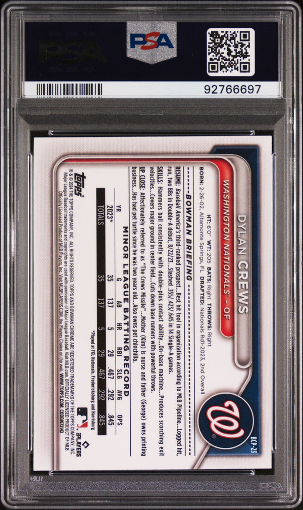Graded 2024 Topps Bowman Dylan Crews #BCP23 Chrome Prospects Mini Diamond Rookie RC Baseball Card PSA 10 Gem Mint