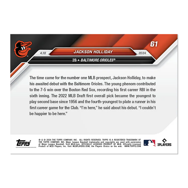 2024 Topps Now Jackson Holliday #61 Rookie RC Baseball Card