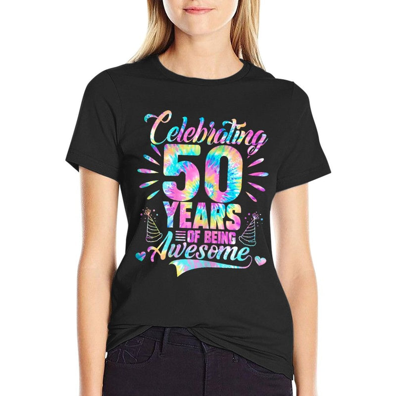 Celebrating 50 Year Of Being Awesome With Tie-dye Graphic  Fade-proof Color T-Shirt