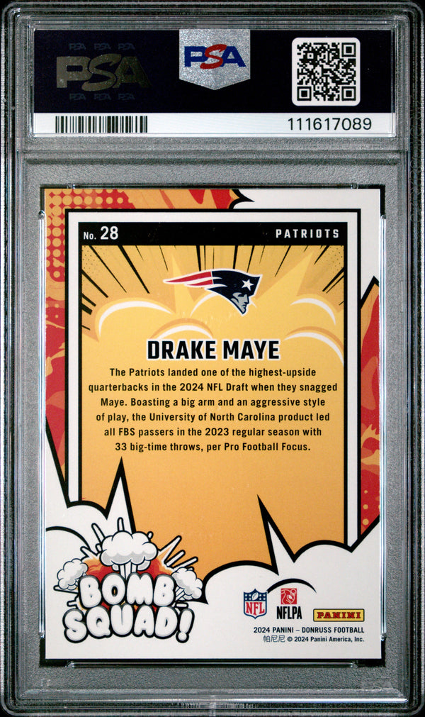 Graded 2024 Panini Donruss Drake Maye #28 Bomb Squad Rookie RC Football Card PSA 10 Gem Mint