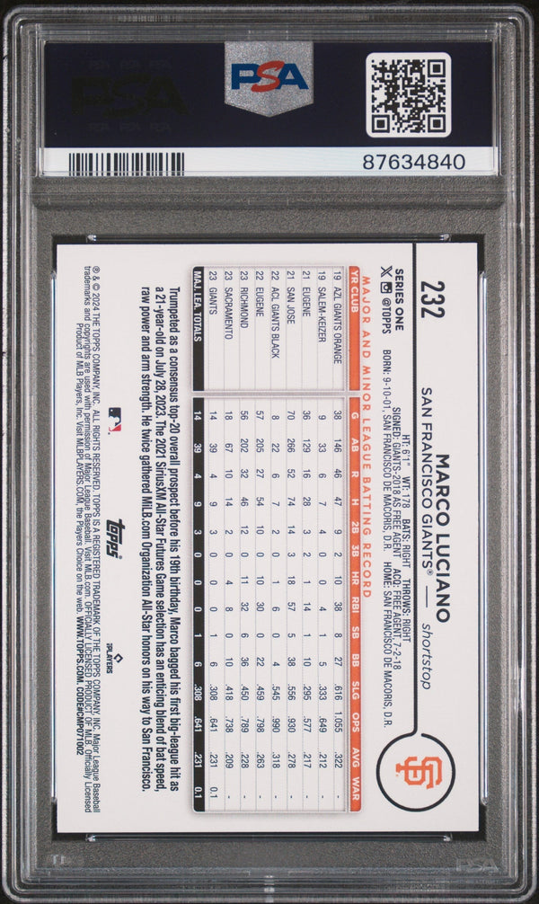 Graded 2024 Topps Marco Luciano #232 Rookie RC Baseball Card PSA 10 Gem Mint