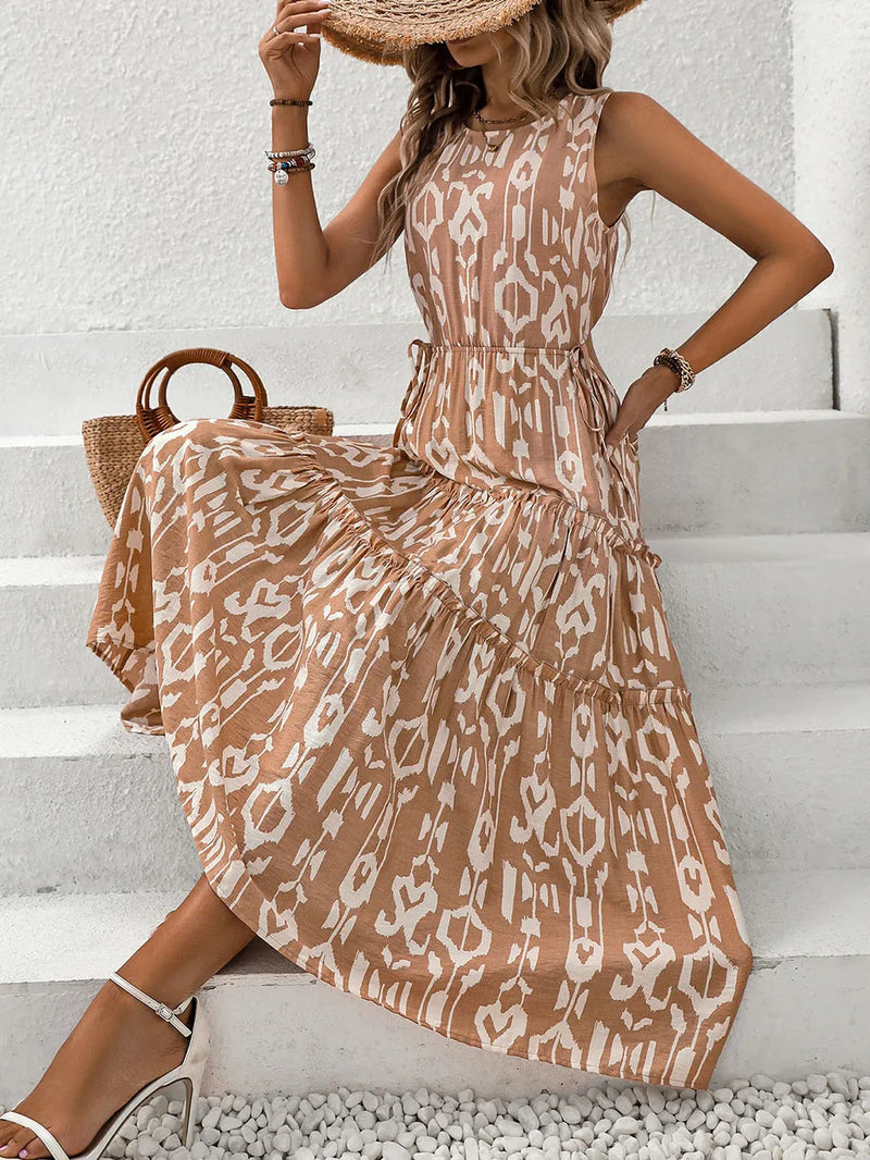 Perfee Frill Cutout Printed Round Neck Cotton Sleeveless Dress