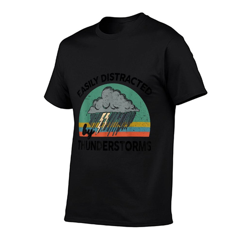 Storm Chaser Love Saying Funny Easily Distracted By Thunderstorms Meteorologist Lover Unisex-Adults Grey Modern Letter Print T B  Ribbed Collar T-Shirt