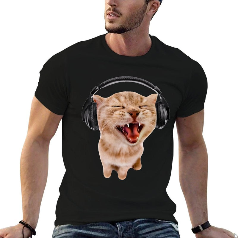 Silly Cat With Headphones  High-quality Stitching T-Shirt