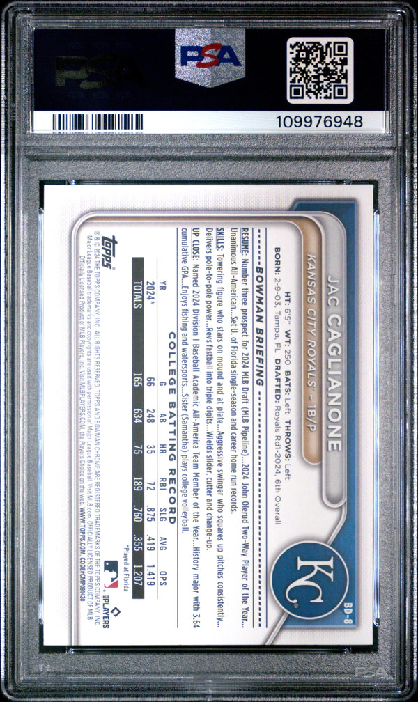 Graded 2024 Topps Bowman Draft Jac Caglianone #BD8 Rookie RC Baseball Card PSA 8 Near Mint