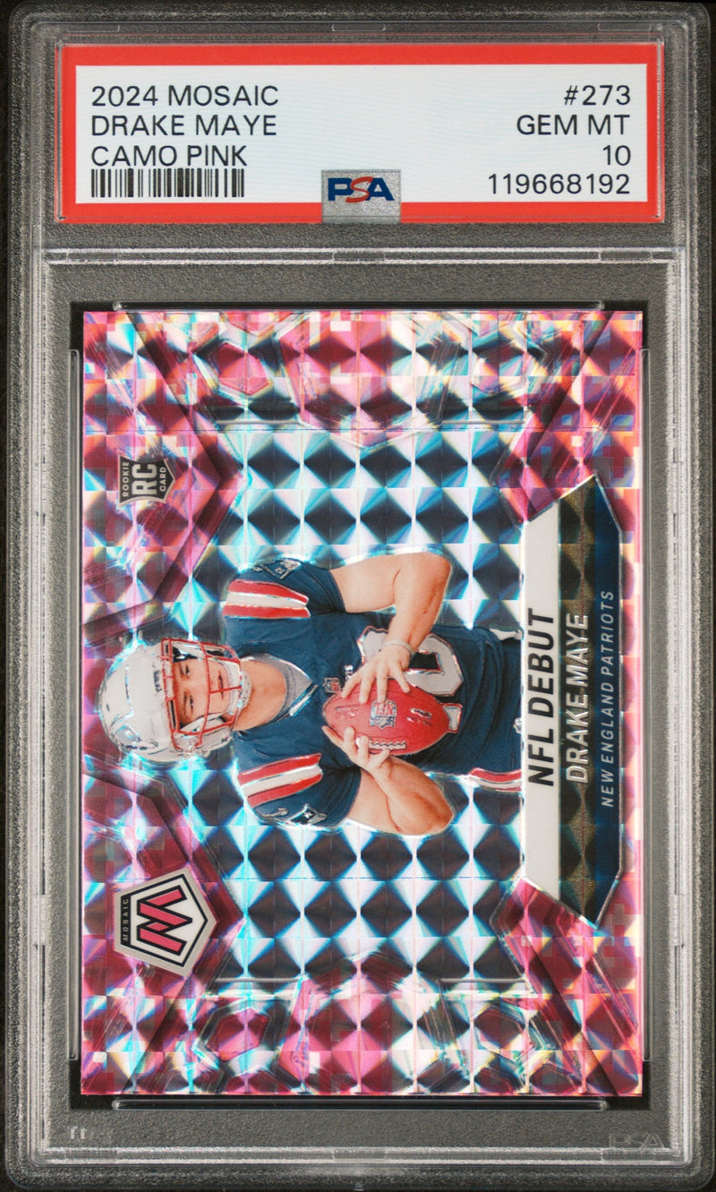 Graded 2024 Panini Mosaic Drake Maye #273 Camo Pink Rookie RC Football Card PSA 10 Gem Mint