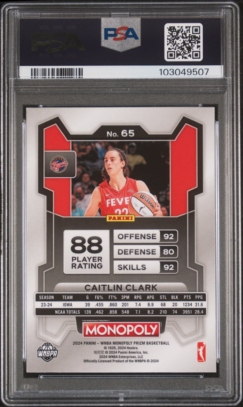 Graded 2024 Panini Prizm Monopoly WNBA Caitlin Clark #65 Rookie RC Basketball Card PSA 10 Gem Mint
