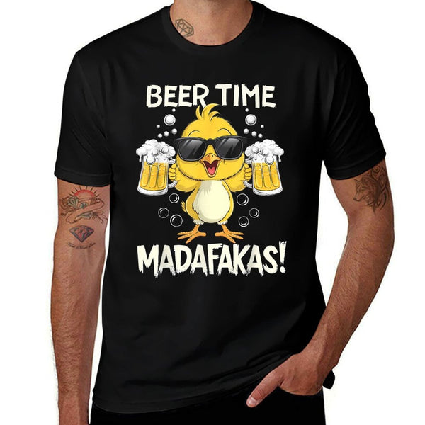 Beer Time Madafakas Funny Duck  Ribbed Collar T-Shirt