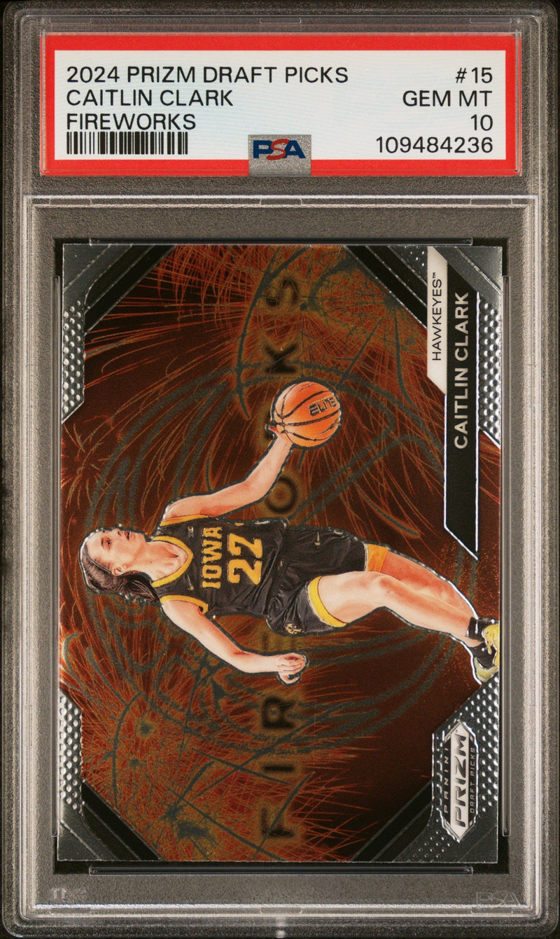 Graded 2024 Panini Prizm Draft Picks Caitlin Clark #15 Fireworks Rookie RC Basketball Card PSA 10 Gem Mint