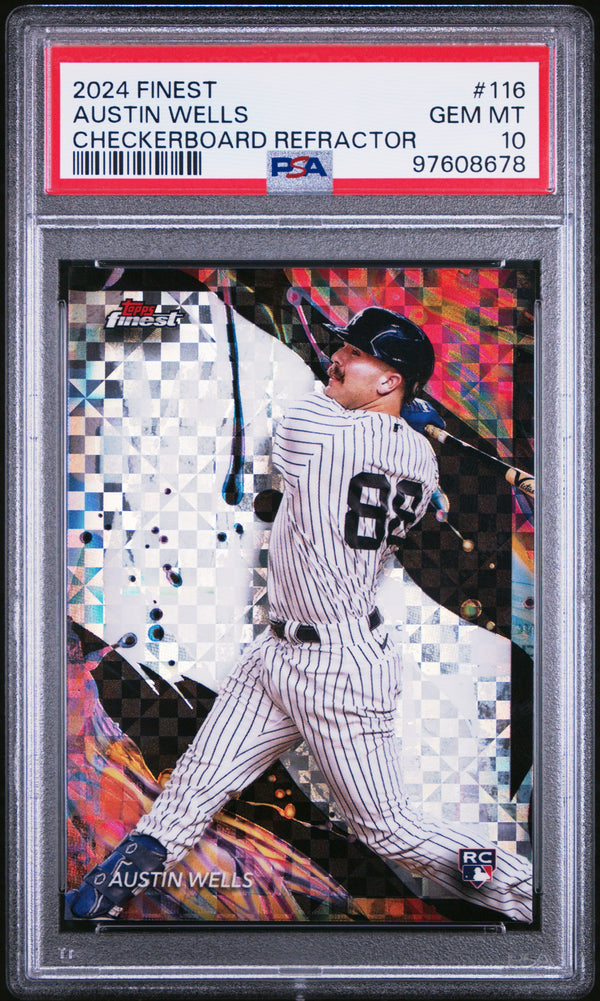 Graded 2024 Topps Finest Austin Wells #116 Checkerboard Refractor Rookie RC Baseball Card PSA 10 Gem Mint