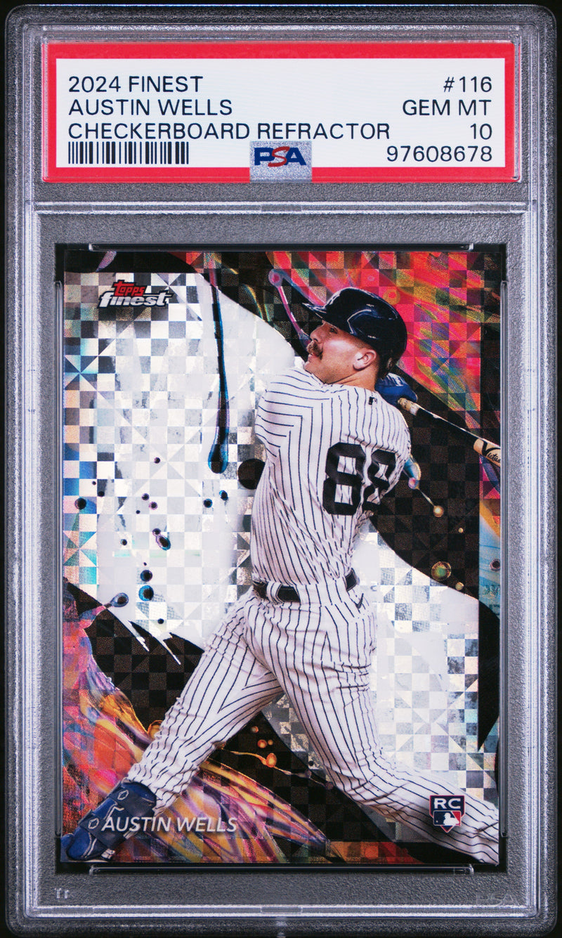 Graded 2024 Topps Finest Austin Wells #116 Checkerboard Refractor Rookie RC Baseball Card PSA 10 Gem Mint