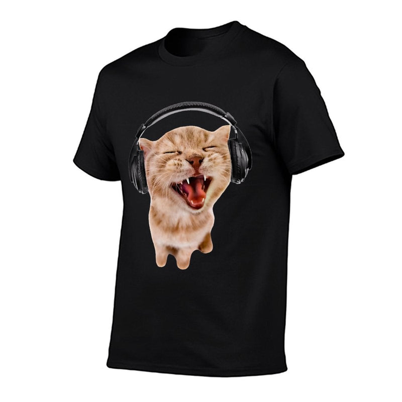 Silly Cat With Headphones  High-quality Stitching T-Shirt